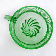 Load image into Gallery viewer, Jacks Daughter of All Trades Vintage Antique Mid-Century Kitsch Store Shop Reseller Etsy Shopify Toronto Canada Free Porch Pick Up Local Delivery Worldwide Shipping Judy Weinberg Unique Housewarming Gift Sustainable Gift Wedding Gift Home Decor Collectible Collector Gift Farmhouse Cottagecore Cottage Lodge Shabby Chic green uranium depression glass Criss Cross citrus reamer Glows under black light kitchen gadget Hazel-Atlas Glass USA 1930s