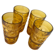 Load image into Gallery viewer, Vintage honey gold "Crown" 12oz flat glass tumblers. These vibrant amber glasses add a retro touch to your drink and barware. Crafted by Colony Glass, USA, between 1964 - 1967. These iconic glasses are perfect for entertaining or for everyday use! In excellent condition, free from chips. Measures 3 x 5 1/2 inches Capacity 12 ounces