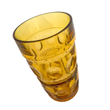 Load image into Gallery viewer, Vintage honey gold "Crown" 12oz flat glass tumblers. These vibrant amber glasses add a retro touch to your drink and barware. Crafted by Colony Glass, USA, between 1964 - 1967. These iconic glasses are perfect for entertaining or for everyday use! In excellent condition, free from chips. Measures 3 x 5 1/2 inches Capacity 12 ounces