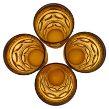 Load image into Gallery viewer, Vintage honey gold "Crown" 12oz flat glass tumblers. These vibrant amber glasses add a retro touch to your drink and barware. Crafted by Colony Glass, USA, between 1964 - 1967. These iconic glasses are perfect for entertaining or for everyday use! In excellent condition, free from chips. Measures 3 x 5 1/2 inches Capacity 12 ounces