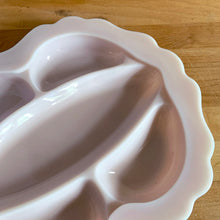 Load image into Gallery viewer, Rare vintage "Crown Tuscan" pink milk glass relish or vanity tray features five sections finished with a wide scalloped edge. Crafted by Cambridge Glass, USA, 1940s. This stunning pale pink milk glass tray is sure to add an elegant touch to your tablescape or dresser. In good vintage condition, with a flea bite to the inner rim which does not detract from the beauty of this piece. Measures 12 1/4 x 10 1/2 inches