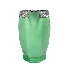 Load image into Gallery viewer, Spout view of art nouveau art deco Ford & Sons English ceramic green pitcher showing black and white geometric scale motif at the rim