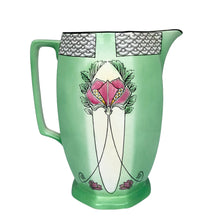 Load image into Gallery viewer, Opposite side view of Vintage Crownford Art Nouveau Art Deco Ford & Sons ceramic green pitcher with elongated pink floral motif with black and white geometric scale motif at the rim, England 1930s 1940s
