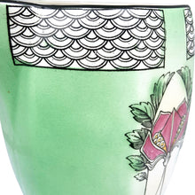 Load image into Gallery viewer, Early 20th-century English Crownford hand painted art nouveau art deco style floral ceramic pitcher showing the geometric fish scale details in white and black against the green ground