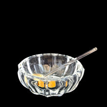 Load image into Gallery viewer, Vintage set of six crystal salt cellars and spoons. Crafted by Bohemia Crystal, circa 1950s. A lovely addition to your tablescape. While the cellars and spoons are new in box, some have rough edges from mold release. Each piece has the original yellow sticker which read Bohemia Crystal, Made in Czechoslovakia. Salt cellars measure 2 3/8 x 7/8 inches. Spoons measure 2 3/4 inches
