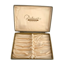 Load image into Gallery viewer, Vintage Debonair faux antler handled stainless steel steak knives in original silk lined box. Crafted by MB Hollow Ground, Japan, 1950s. Add the lodge look to your table settings with these unique knives.
In excellent condition, new in box.
Knife measures 8 3/8 inches