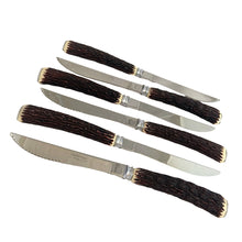 Load image into Gallery viewer, Vintage Debonair faux antler handled stainless steel steak knives in original silk lined box. Crafted by MB Hollow Ground, Japan, 1950s. Add the lodge look to your table settings with these unique knives.
In excellent condition, new in box.
Knife measures 8 3/8 inches