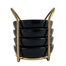 Load image into Gallery viewer, A vintage set of deep red, almost black pressed glass coasters in brass metal caddy. So handy for entertaining or everyday use! These sets were typically sold at high-end retailers like Birks Canada. In excellent condition, the glass is free from chips/cracks. Each coaster measures 3 3/4 x