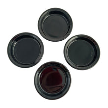 Load image into Gallery viewer, A vintage set of deep red, almost black pressed glass coasters in brass metal caddy. So handy for entertaining or everyday use! These sets were typically sold at high-end retailers like Birks Canada. In excellent condition, the glass is free from chips/cracks. Each coaster measures 3 3/4 x