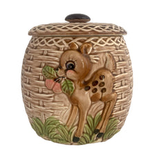 Load image into Gallery viewer, ESD Lefton ceramic cookie jar, front view — basketweave body, braided lid border, dark oval knob finial, white background