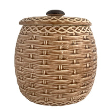 Load image into Gallery viewer, ESD Lefton ceramic cookie jar, back view — basketweave body and braided lid, dark knob