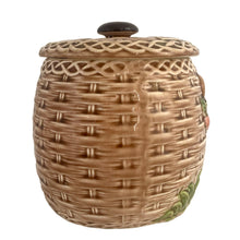 Load image into Gallery viewer, ESD Lefton ceramic cookie jar, opposite side view — basketweave body with relief deer and braided lid, dark knob