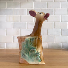 Load image into Gallery viewer, Vintage mid-century hand painted figural deer fawn ceramic planter. Crafted by Shafford, Japan, circa 1950s. This sweet piece will look great as part of your home's decor. Fill with your favourite houseplant and enjoy!  In excellent condition, chip to the interior rim (see photos), no cracks/repairs.  Measures 3 1/2 x 2 3/4 x 6 1/4 inches