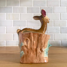 Load image into Gallery viewer, Vintage mid-century hand painted figural deer fawn ceramic planter. Crafted by Shafford, Japan, circa 1950s. This sweet piece will look great as part of your home's decor. Fill with your favourite houseplant and enjoy!  In excellent condition, chip to the interior rim (see photos), no cracks/repairs.  Measures 3 1/2 x 2 3/4 x 6 1/4 inches