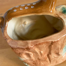 Load image into Gallery viewer, Vintage mid-century hand painted figural deer fawn ceramic planter. Crafted by Shafford, Japan, circa 1950s. This sweet piece will look great as part of your home's decor. Fill with your favourite houseplant and enjoy!  In excellent condition, chip to the interior rim (see photos), no cracks/repairs.  Measures 3 1/2 x 2 3/4 x 6 1/4 inches