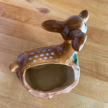 Load image into Gallery viewer, Vintage mid-century hand painted figural deer fawn ceramic planter. Crafted by Shafford, Japan, circa 1950s. This sweet piece will look great as part of your home's decor. Fill with your favourite houseplant and enjoy!  In excellent condition, chip to the interior rim (see photos), no cracks/repairs.  Measures 3 1/2 x 2 3/4 x 6 1/4 inches