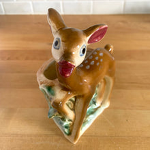 Load image into Gallery viewer, Vintage mid-century hand painted figural deer fawn ceramic planter. Crafted by Shafford, Japan, circa 1950s. This sweet piece will look great as part of your home's decor. Fill with your favourite houseplant and enjoy!  In excellent condition, chip to the interior rim (see photos), no cracks/repairs.  Measures 3 1/2 x 2 3/4 x 6 1/4 inches