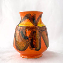 Load image into Gallery viewer, Vintage mid-century miniature "Delphis Series" vase decorated in vibrant red, orange and yellow glossy glaze. Hand painted by Rosina St. Clayre for Poole Pottery, England, 1971-73. Perfect for a small bouquet or use to liven up your decor. In excellent condition, free from chips/cracks/repairs. Measures 2 7/8 x 3 5/8 inches.