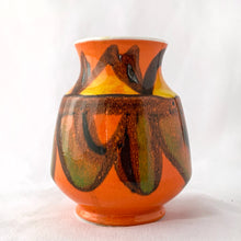 Load image into Gallery viewer, Vintage mid-century miniature "Delphis Series" vase decorated in vibrant red, orange and yellow glossy glaze. Hand painted by Rosina St. Clayre for Poole Pottery, England, 1971-73. Perfect for a small bouquet or use to liven up your decor. In excellent condition, free from chips/cracks/repairs. Measures 2 7/8 x 3 5/8 inches.