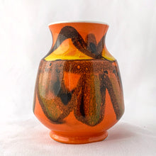 Load image into Gallery viewer, Vintage mid-century miniature "Delphis Series" vase decorated in vibrant red, orange and yellow glossy glaze. Hand painted by Rosina St. Clayre for Poole Pottery, England, 1971-73. Perfect for a small bouquet or use to liven up your decor. In excellent condition, free from chips/cracks/repairs. Measures 2 7/8 x 3 5/8 inches.