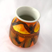 Load image into Gallery viewer, Vintage mid-century miniature "Delphis Series" vase decorated in vibrant red, orange and yellow glossy glaze. Hand painted by Rosina St. Clayre for Poole Pottery, England, 1971-73. Perfect for a small bouquet or use to liven up your decor. In excellent condition, free from chips/cracks/repairs. Measures 2 7/8 x 3 5/8 inches.