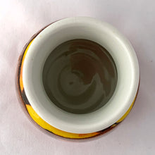Load image into Gallery viewer, Vintage mid-century miniature "Delphis Series" vase decorated in vibrant red, orange and yellow glossy glaze. Hand painted by Rosina St. Clayre for Poole Pottery, England, 1971-73. Perfect for a small bouquet or use to liven up your decor. In excellent condition, free from chips/cracks/repairs. Measures 2 7/8 x 3 5/8 inches.