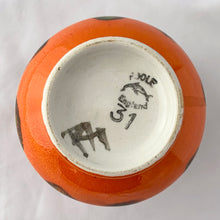 Load image into Gallery viewer, Vintage mid-century miniature "Delphis Series" vase decorated in vibrant red, orange and yellow glossy glaze. Hand painted by Rosina St. Clayre for Poole Pottery, England, 1971-73. Perfect for a small bouquet or use to liven up your decor. In excellent condition, free from chips/cracks/repairs. Measures 2 7/8 x 3 5/8 inches.