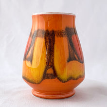 Load image into Gallery viewer, Vintage mid-century miniature "Delphis Series" vase decorated in vibrant red, orange and yellow glossy glaze. Hand painted by Carole Holden for Poole Pottery, England, 1966-69. Perfect for a small bouquet or use to liven up your decor. In excellent condition, free from chips/cracks/repairs. Measures 2 5/8 x 3 1/2 inches.