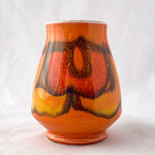 Load image into Gallery viewer, Vintage mid-century miniature "Delphis Series" vase decorated in vibrant red, orange and yellow glossy glaze. Hand painted by Carole Holden for Poole Pottery, England, 1966-69. Perfect for a small bouquet or use to liven up your decor. In excellent condition, free from chips/cracks/repairs. Measures 2 5/8 x 3 1/2 inches.