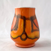 Load image into Gallery viewer, Vintage mid-century miniature "Delphis Series" vase decorated in vibrant red, orange and yellow glossy glaze. Hand painted by Carole Holden for Poole Pottery, England, 1966-69. Perfect for a small bouquet or use to liven up your decor. In excellent condition, free from chips/cracks/repairs. Measures 2 5/8 x 3 1/2 inches.