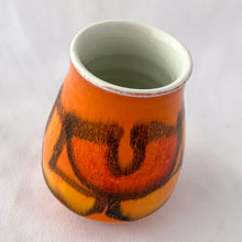 Load image into Gallery viewer, Vintage mid-century miniature "Delphis Series" vase decorated in vibrant red, orange and yellow glossy glaze. Hand painted by Carole Holden for Poole Pottery, England, 1966-69. Perfect for a small bouquet or use to liven up your decor. In excellent condition, free from chips/cracks/repairs. Measures 2 5/8 x 3 1/2 inches.