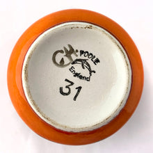 Load image into Gallery viewer, Vintage mid-century miniature "Delphis Series" vase decorated in vibrant red, orange and yellow glossy glaze. Hand painted by Carole Holden for Poole Pottery, England, 1966-69. Perfect for a small bouquet or use to liven up your decor. In excellent condition, free from chips/cracks/repairs. Measures 2 5/8 x 3 1/2 inches.