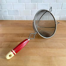 Load image into Gallery viewer, Vintage Depression-Era Kitchen Sieve — Red & Cream Wood Handle, Wire Mesh Strainer, 1920s