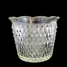 Load image into Gallery viewer, Sparkling vintage clear "Diamond Point" jardiniere ice bucket featuring a flared crimped edge. Crafted by Indiana Glass, USA, between 1965 - 1990. A versatile piece to use as an ice bucket, to serve snacks or as a planter for your favourite houseplant. In excellent condition, free from chips. 6 1/2 x 5 1/4 inches
