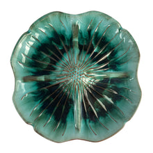 Load image into Gallery viewer, Gorgeous vintage green drip glazed "Dogwood" 4-part divided serving dish. Crafted by Blue Mountain Pottery, Canada, circa 1970s. A must have mid-century serving piece....use to serve your favourite snacks or as decorative art pottery! Excellent condition, free of chips/cracks/repairs. Measures 11 x 11 inches