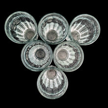 Load image into Gallery viewer, Overhead view of six clear paneled juice glasses