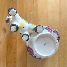 Load image into Gallery viewer, Jacks Daughter of All Trades Vintage Antique Mid-Century Kitsch Store Shop Reseller Etsy Shopify Toronto Canada Free Porch Pick Up Local Delivery Worldwide Shipping Judy Weinberg Unique Housewarming Gift Sustainable Gift Wedding Gift Home Decor Collectible Collector Gift Farmhouse Cottagecore Cottage Lodge Shabby Chic figural donkey and cart colourful ceramic planter shape S3364. Japan 1960s