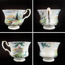 Load image into Gallery viewer, This vintage bone china footed teacup and saucer is so sweet! Both the cup and saucer are decorate with the "Dovedale" pattern from the Country Scenes series. Each piece has a lovely scalloped edge with hand painted whimsical country scene, trimmed with gold gilt. Produced by Royal Albert, England, circa 1917 - 1927. In excellent condition, free from chips, cracks and repairs. Maker's marks are on the bottom. Teacup measures 3 3/8 x 2 3/4 inches | Saucer measures 5 1/2 inches