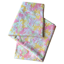 Load image into Gallery viewer, Vintage Dream Garden flat twin sheet featuring a flower power pattern in shades of pink, yellow, green and white. 50% polyester / 50% cotton. Crafted by St. Mary’s, USA, 1970/71. A beautiful addition to your retro boho bedding decor, or repurpose for crafting.
In as found vintage condition.
Sheet #1 has one small hole and a 2-1/2 inch tear near the bottom of the sheet that been poorly mended.
Sheet #2 has two small holes. Please see photos.
Measures 72 x 104 inches