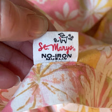 Load image into Gallery viewer, Vintage Dream Garden flat twin sheet featuring a flower power pattern in shades of pink, yellow, green and white. 50% polyester / 50% cotton. Crafted by St. Mary’s, USA, 1970/71. A beautiful addition to your retro boho bedding decor, or repurpose for crafting.
In as found vintage condition.
Sheet #1 has one small hole and a 2-1/2 inch tear near the bottom of the sheet that been poorly mended.
Sheet #2 has two small holes. Please see photos.
Measures 72 x 104 inches