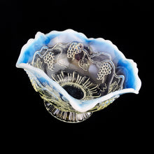 Load image into Gallery viewer, EAPG Flint Opalescent Grape Vine Footed Bowl with crimped edge. Produced by Jefferson Glass, USA, circa 1910. A beautiful bowl for candies or nuts. In excellent condition, free from chips. Measures 6 x 3 3/4 inches