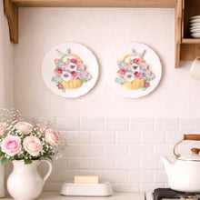 Load image into Gallery viewer, Vintage ESD Lefton floral wall plaques set of 2 shown styled on a wall, mid-century cottagecore ceramic decor, Japan, 1950s