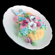 Load image into Gallery viewer, Close-up of vintage Lefton 3D floral wall plaque showing high-relief hand-painted pansies and garden blooms in pastel colours, Japan, 1950s