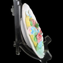 Load image into Gallery viewer, Side profile of vintage Lefton ceramic floral wall plaque showing three-dimensional relief depth of basket and blooms, model MR21447