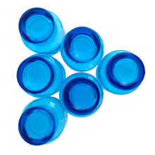 Load image into Gallery viewer, Set of 6 vintage Italian electric blue stackable glasses, overhead view of all six inverted showing rounded bases arranged in a diamond pattern with cobalt blue base circles and aqua body colour