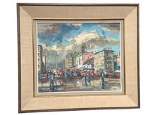 Load image into Gallery viewer, Eric Wesselow’s 1959 oil painting of Place Jacques-Cartier in Old Montreal, in a wide beige frame with gold trim