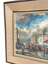 Load image into Gallery viewer, Angled view of the painting’s left side showing Nelson’s Column, textured brushwork and the beige frame with gold trim