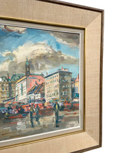 Load image into Gallery viewer, Angled view of the painting’s right side showing historic buildings, foreground figures and the signed lower corner
