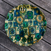 Load image into Gallery viewer, This FAB serving tray screams retro style with its vibrant blue, green, yellow and teal framed medallions of flowers, geometric objects and birds. Made by pressing gorgeous decorator fabric between 2 layers of a light-weight plastic material which was heat molded into a tray with a sweet ruffled edge. Produced by Hardy Glenwood in Canada, circa 1960/70. The perfect accessory for entertaining! In excellent used condition. Measures 17 1/4 inches