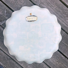 Load image into Gallery viewer, This FAB serving tray screams retro style with its vibrant blue, green, yellow and teal framed medallions of flowers, geometric objects and birds. Made by pressing gorgeous decorator fabric between 2 layers of a light-weight plastic material which was heat molded into a tray with a sweet ruffled edge. Produced by Hardy Glenwood in Canada, circa 1960/70. The perfect accessory for entertaining! In excellent used condition. Measures 17 1/4 inches